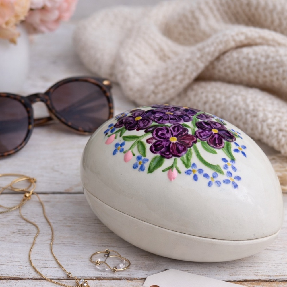 Vintage 1975 Bell Ceramics Hand-Painted Floral Egg Trinket Box